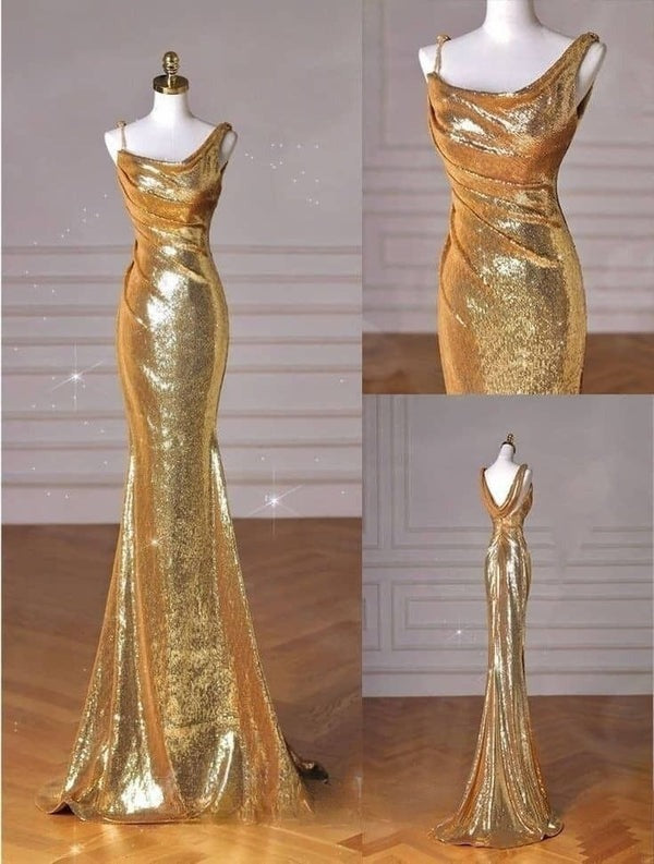 Gold Mermaid Long Sequin Prom Dresses