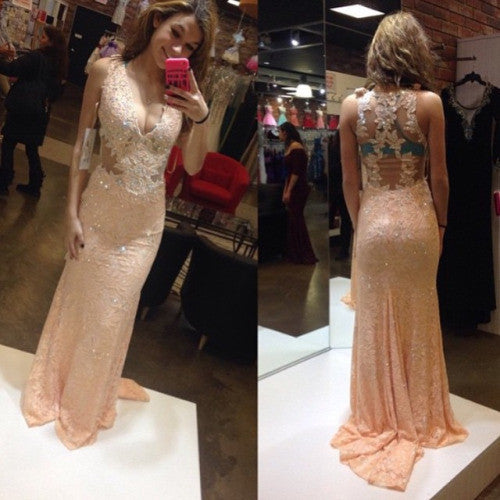 lace prom Dress,pink Prom Dresses,formal Evening Dress,v-neck prom dress,BD2851