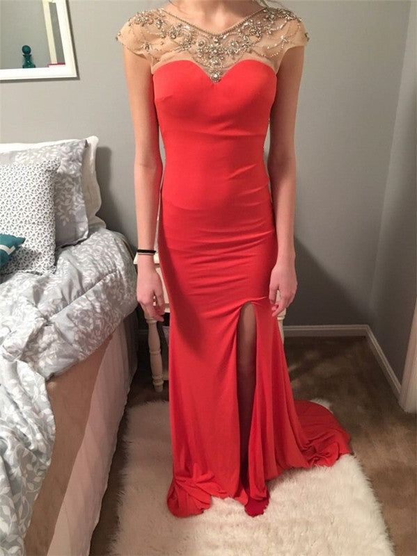 red Prom Dress,Long Prom Dress,charming Prom Dress,cap sleeves Prom Dress,side slit evening Dress, BD2989