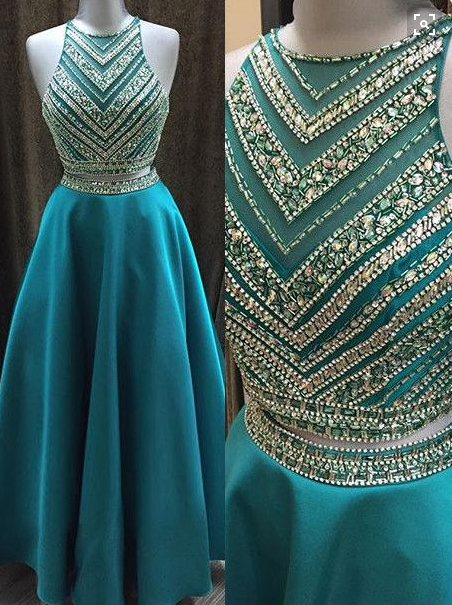 blue Evening Dress,two pieces Prom Dress,long prom dress, A-line prom dress,beaded evening gown,BD2701