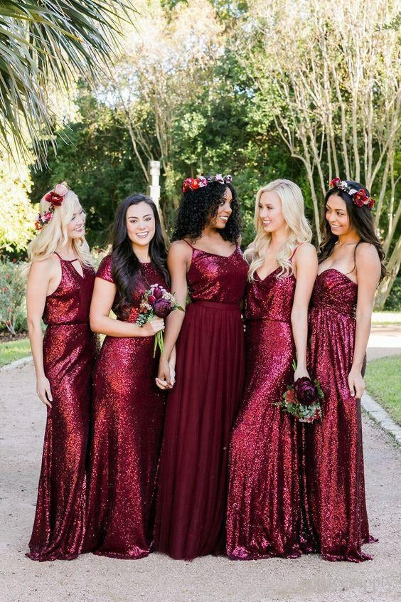Vintage Burgundy Sequins Backless Long Prom Dresses Bridesmaid Dresses,BD22013