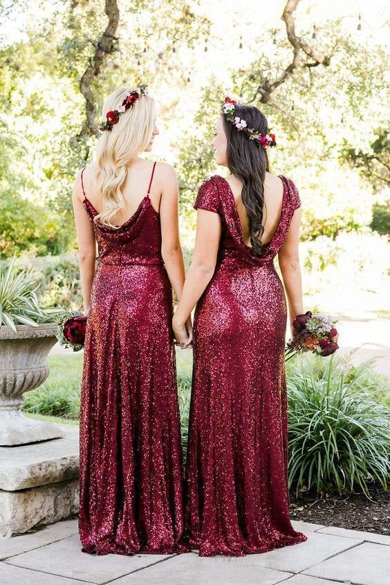 Vintage Burgundy Sequins Backless Long Prom Dresses Bridesmaid Dresses,BD22013
