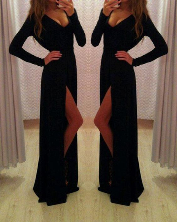 black Prom Dresses, long sleeves prom dress, side slit prom Dress,long prom dress,evening dress,BD1987