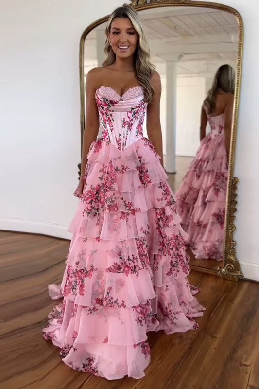 Steal the Spotlight in an A Line Sweetheart Blush Printed Chiffon Long Prom Dress