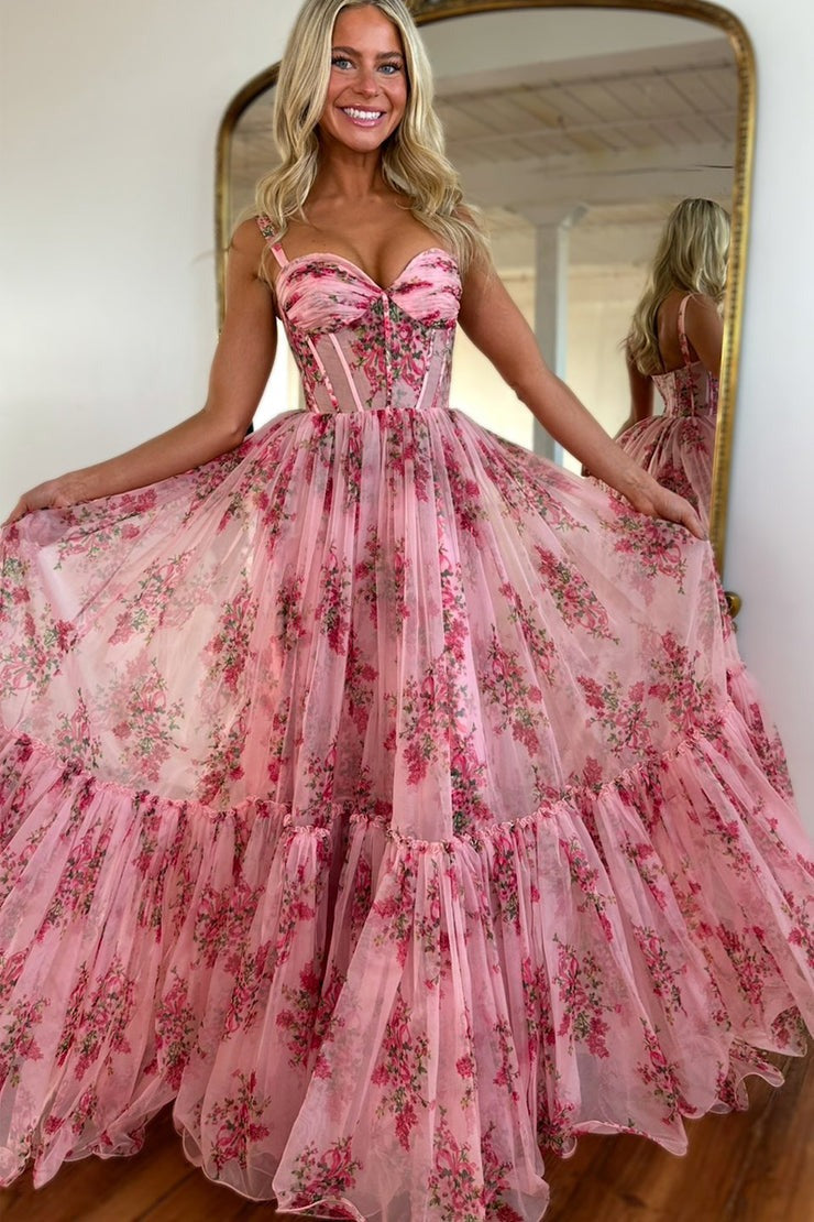 A Line Sweetheart Floral Chiffon Long Prom Dresses