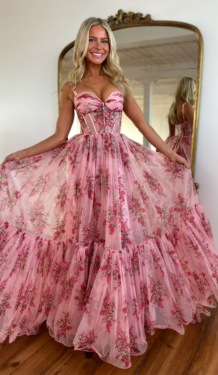 A Line Sweetheart Floral Chiffon Long Prom Dresses