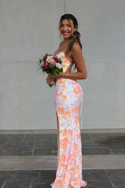 Mermaid V Neck Orange Sequins Prom Dresses