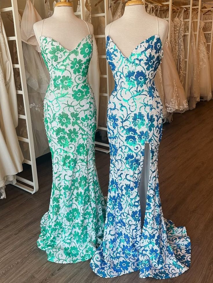 Mermaid V Neck Orange Sequins Prom Dresses