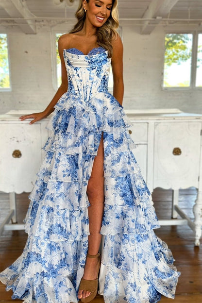 Sweetheart Fairy Floral Chiffon Tiered Prom Dresses