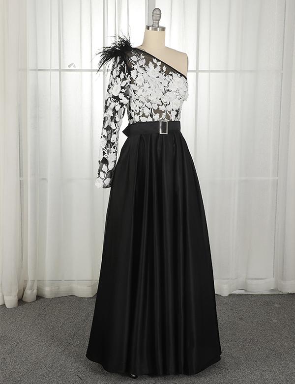 One Shoulder Long Sleeves Black Prom Dress With Belt Beading Evening Dress, BH91239