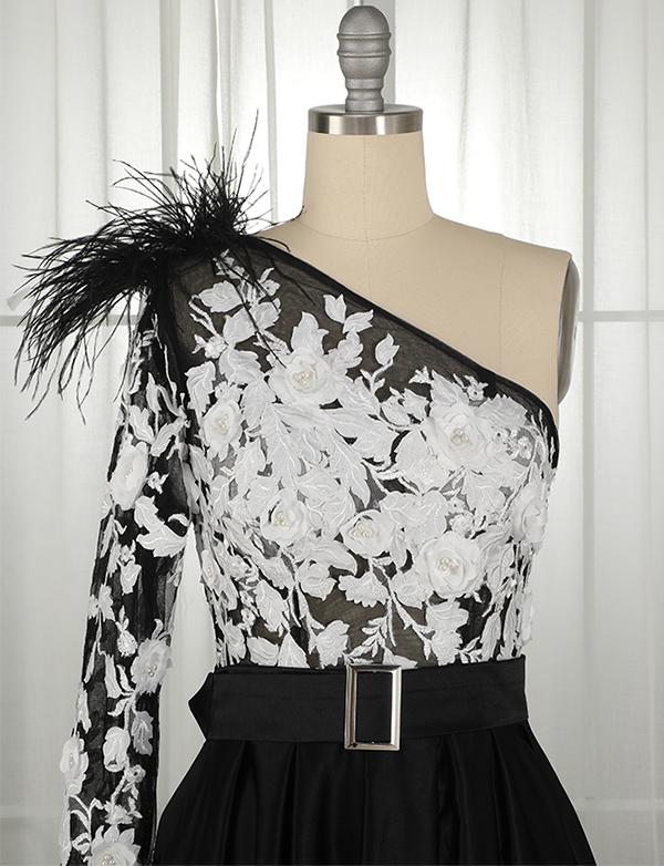 One Shoulder Long Sleeves Black Prom Dress With Belt Beading Evening Dress, BH91239