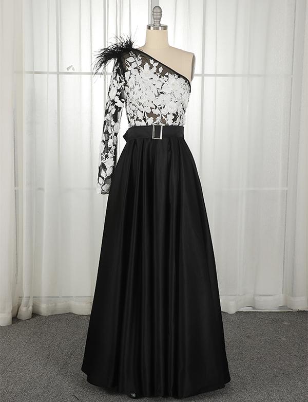 One Shoulder Long Sleeves Black Prom Dress With Belt Beading Evening Dress, BH91239