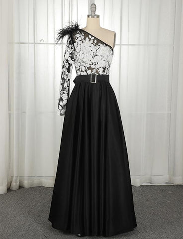 One Shoulder Long Sleeves Black Prom Dress With Belt Beading Evening Dress, BH91239
