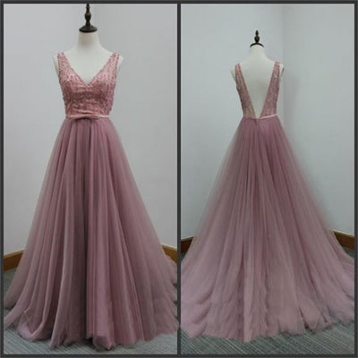 Backless Prom Dress,Tulle A Line Prom Dress,Custom Made Evening Dresses,PD455837