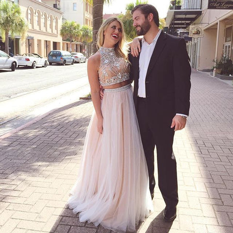 two pieces Prom Dresses,beaded prom dress,charming prom Dress,tulle prom dress,high neck evening dress,BD2417