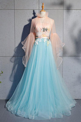 Blue Tulle Lace Long Prom Dress, Blue Tulle Evening Dress,BH91163