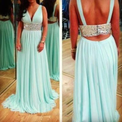 Blue prom Dress,Charming Prom Dresses,V neck prom dress,Evening dress,BD040