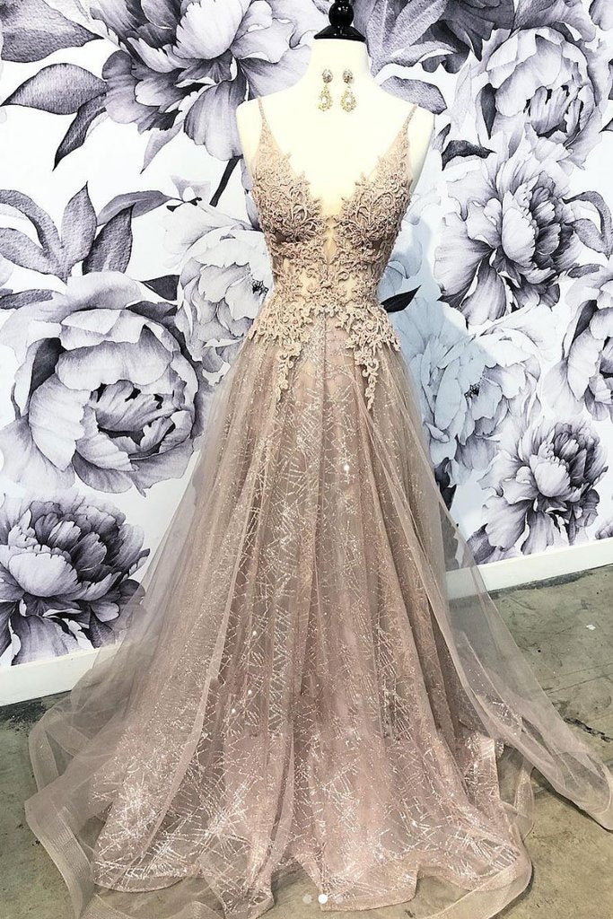 spaghetti straps champagne tulle and lace appliques A-line prom dress ,HO156