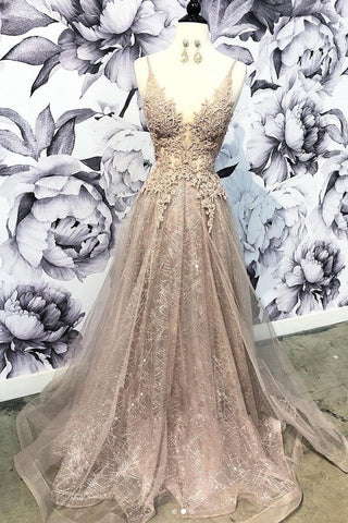 spaghetti straps champagne tulle and lace appliques A-line prom dress ,HO156
