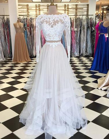 Light champagne tulle lace two pieces long prom dress, evening dress