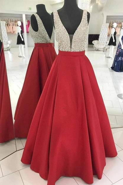 Elegant A Line Satin Red V Neck Beaded Backless Long Prom Dress BD22146