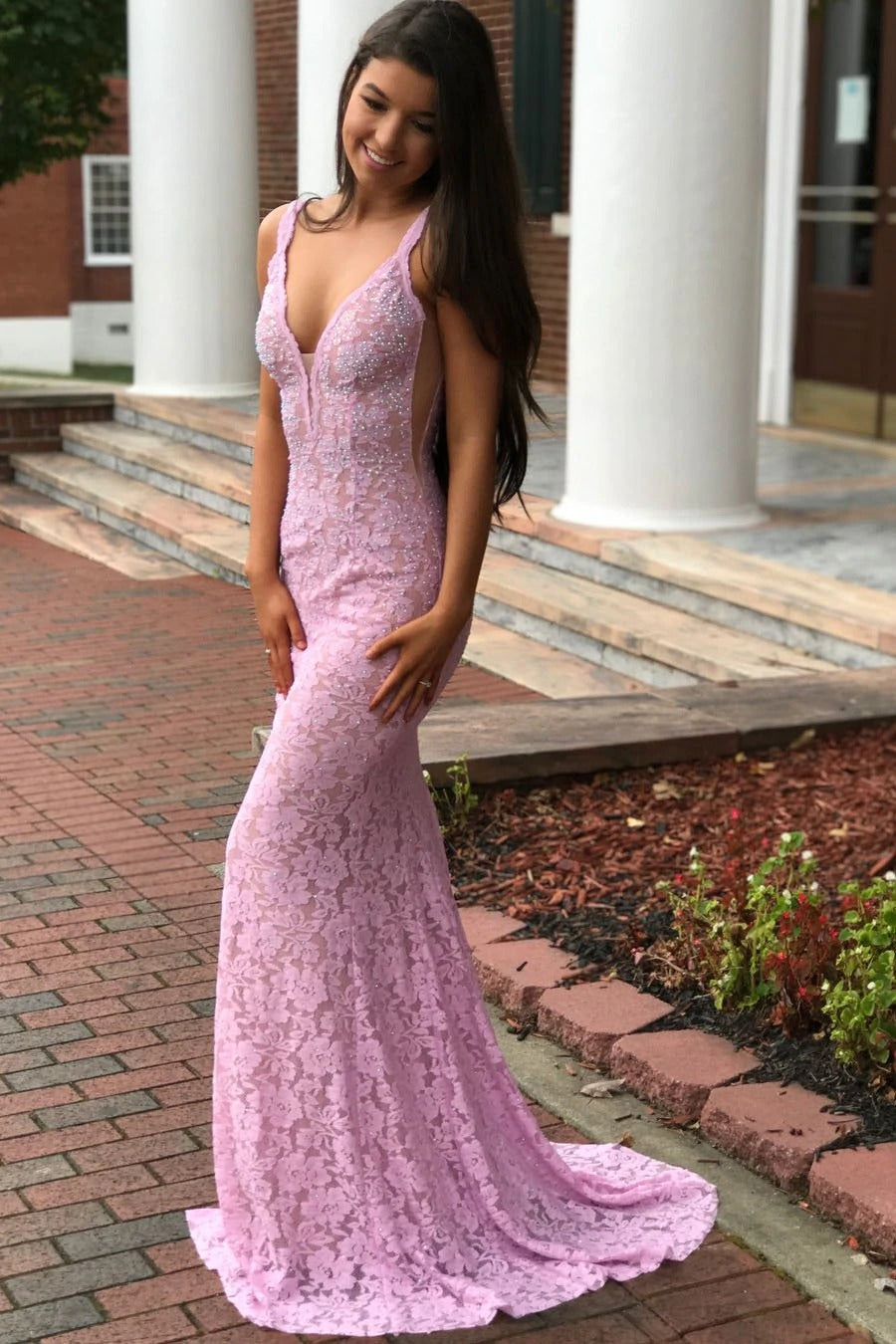 Amazing Sheath Sweetheart Pink Backless Lace Long Prom Dress BD22171