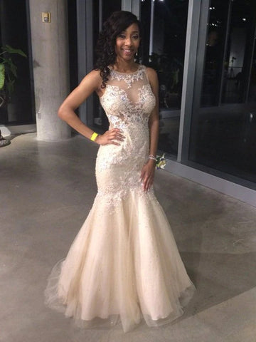 Sexy Mermaid Pearl Pink Tulle Scoop Long Prom Dress With Appliques  BD22169