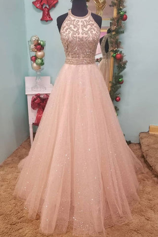 dazzling pink tulle beaded top long prom dress sparkle evening gown,HO155