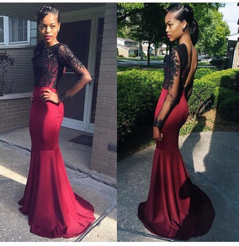 Long Sleeve Prom Dresses,Mermaid Prom Dress,Back Hollow Prom Dresses,Lace Prom Dress,Cheap Prom Dresses,PD00140