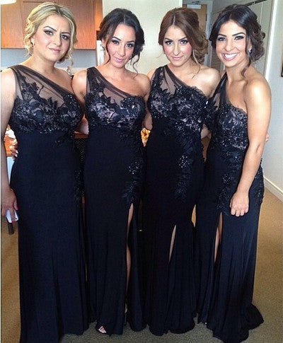 Navy bridesmaid dress,long bridesmaid dress,One shoulder bridesmaid dress,Lace bridesmaid dress,BD032