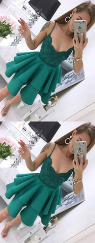Green v neck satin lace short prom dress green homecoming dresses,HO255