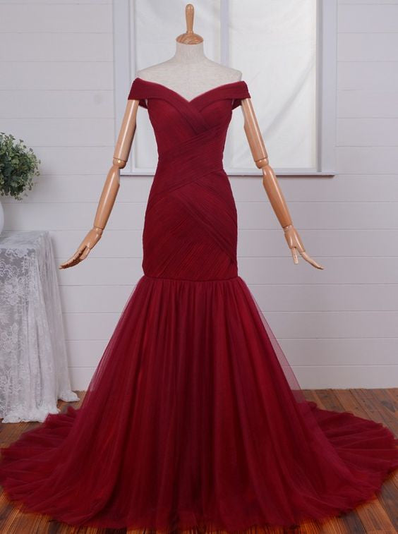 Burgundy Prom Dresses,Off shoulder Prom Dress,Long Prom dress,Tulle prom Dress,Evening Dress,BD410