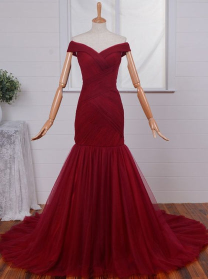 Burgundy Prom Dresses,Off shoulder Prom Dress,Long Prom dress,Tulle prom Dress,Evening Dress,BD410