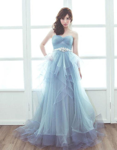 Light blue tulle long prom dress, sweet evening dress BD98009