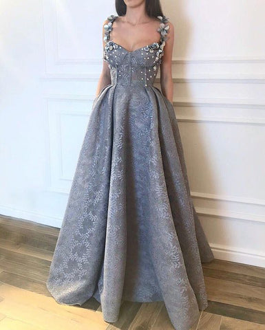 Gray Lace chic Long A-line Prom Dress,BD62635