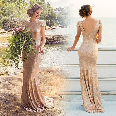 Gorgeous Bridesmaid Dress,Long Bridesmaid dress,Sequin Bridesmaid Dress,Back V-neck bridesmaid dress,Cap Sleeve Bridesmaid Dress,PD0053