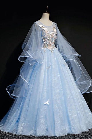 charming princess blue long sleeves tulle long prom dress,HO146