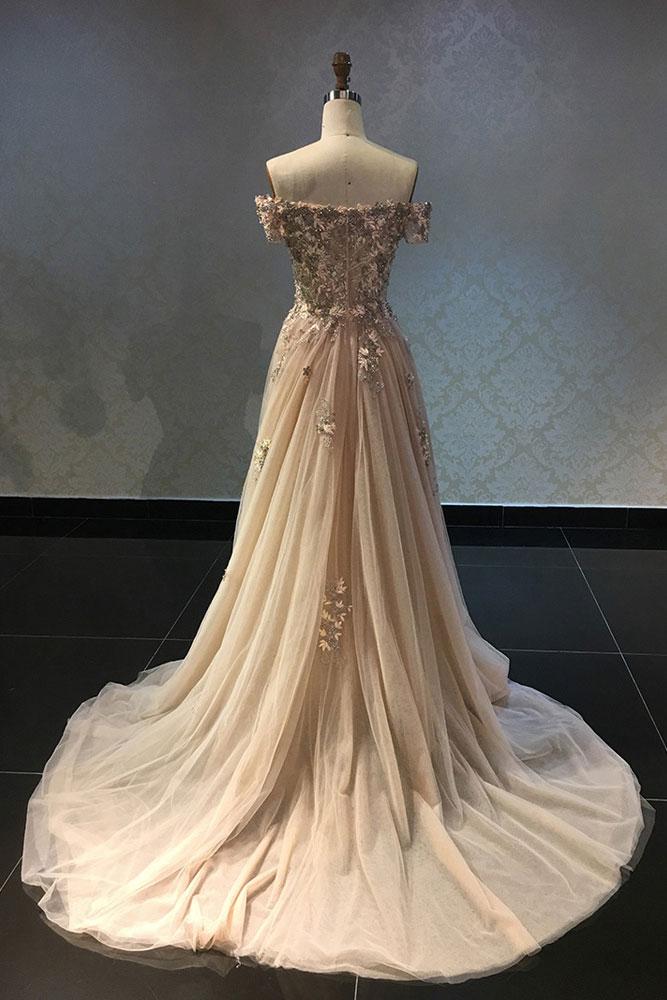charming tulle with appliques champagne off shoulder long prom dress,HO110
