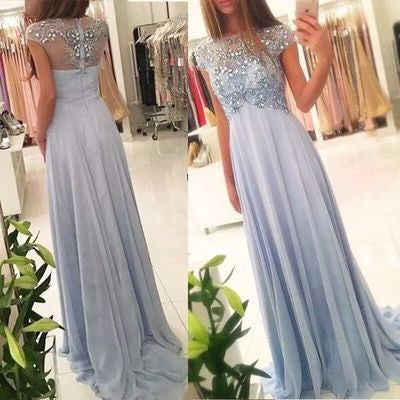 light blue Prom Dresses,cap sleeves Prom Dress,Dresses For Prom,long Prom Dress,beaded Prom Dress,BD2730