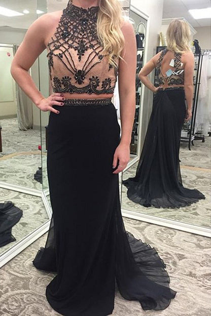 two pieces prom dress,long Prom Dress,black prom dress,high neck prom dress,charming evening dress,BD2886
