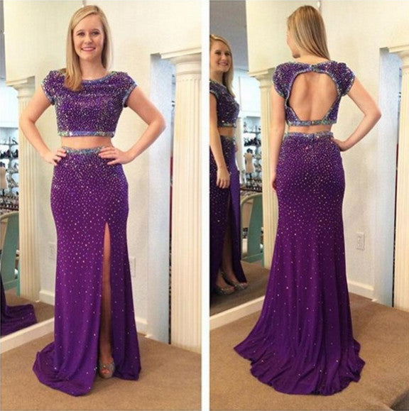 purple prom dress,long Prom Dress,beaded prom dress,two pieces prom dress,open back evening dress,BD2889