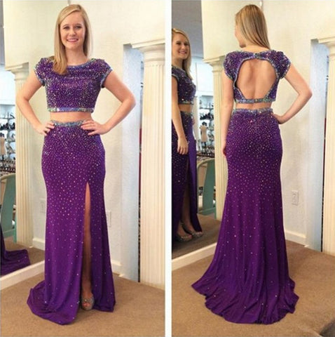 purple prom dress,long Prom Dress,beaded prom dress,two pieces prom dress,open back evening dress,BD2889