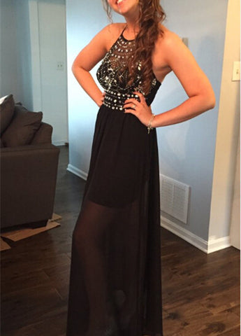 black prom dress,long Prom Dress,chiffon prom dress,halter evening dress,beaded prom dress,BD2716