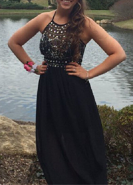 black prom dress,long Prom Dress,chiffon prom dress,halter evening dress,beaded prom dress,BD2716