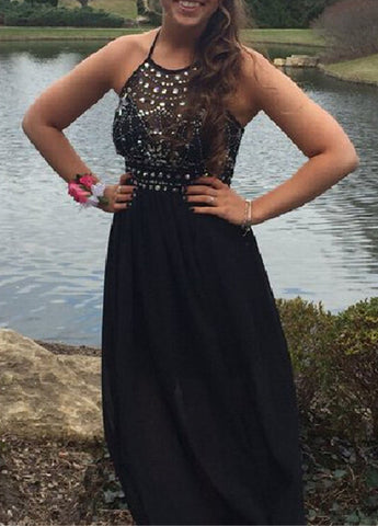 black prom dress,long Prom Dress,chiffon prom dress,halter evening dress,beaded prom dress,BD2716