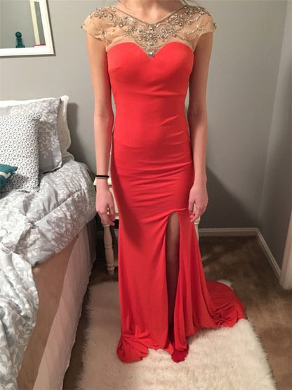red Prom Dress,Long Prom Dress,charming Prom Dress,cap sleeves Prom Dress,side slit evening Dress, BD2989