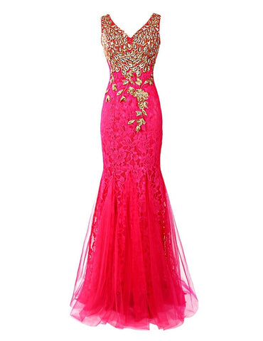 hot pink Prom Dresses,long prom dress,mermaid prom Dress,lace prom dress,charming evening dress,BD2984