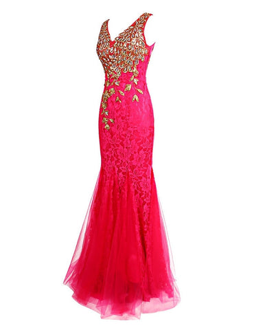 hot pink Prom Dresses,long prom dress,mermaid prom Dress,lace prom dress,charming evening dress,BD2984