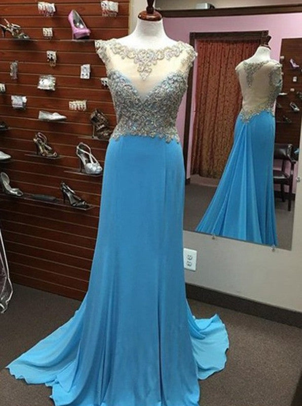 blue Prom Dresses,long prom dress,see through back prom Dress,beaded prom dress,charming prom gown,BD2981