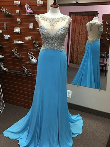 blue Prom Dresses,long prom dress,see through back prom Dress,beaded prom dress,charming prom gown,BD2981